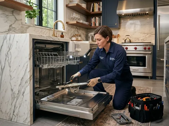 Appliance Repair Hero technician servicing a built-in dishwasher in a Amherst, VA kitchen