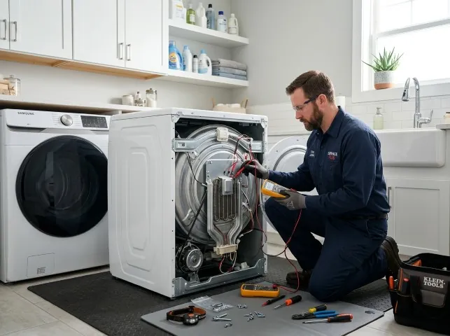 Appliance Repair Hero technician checking a dryer heating element with the rear panel off in Amherst, VA