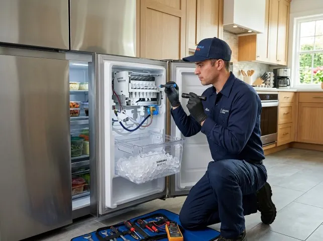 Appliance Repair Hero technician repairing a refrigerator ice maker in Amherst, VA