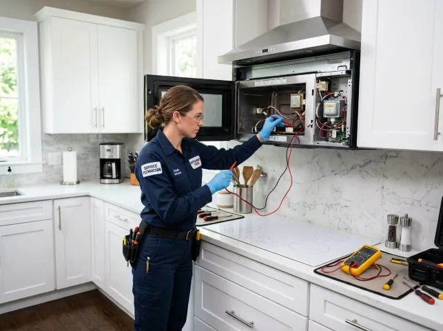 Appliance Repair Hero technician testing an over-the-range microwave in a Amherst, VA kitchen