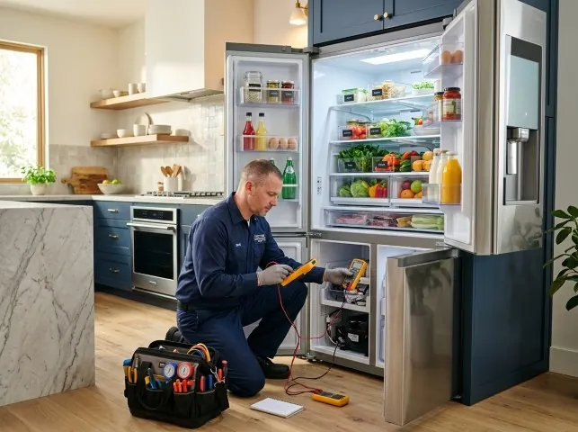 Appliance Repair Hero refrigerator technician testing a fridge on a Amherst, VA service call