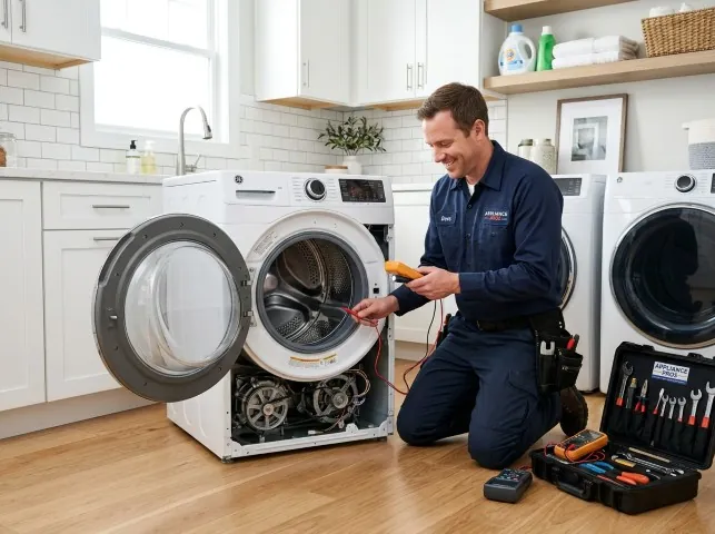 Appliance Repair Hero technician testing a front-load washer with a multimeter on a Amherst, VA service call